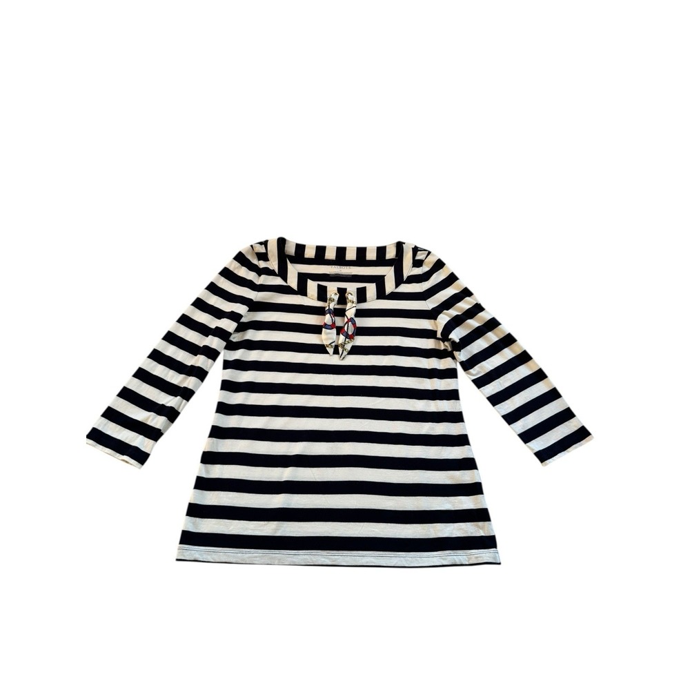 Talbots Women's‎ T-Shirt Top SZ Medium Navy White Striped Front Bow Pima Cotton